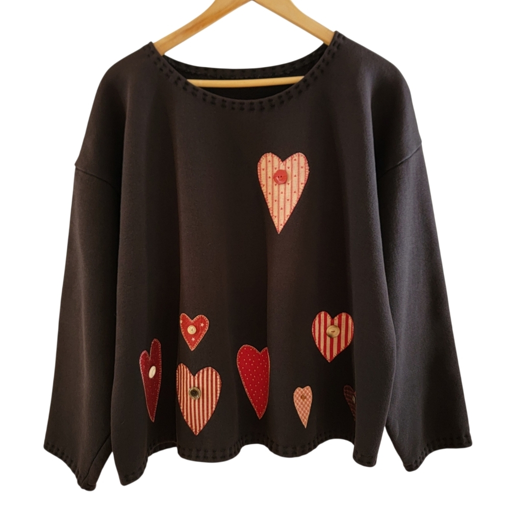Upcycled Cottagecore Heart Patchwork Sweatshirt XL Folk Art Prairie Boho Top